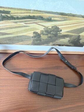 Bottega like Black Woven Leather Crossbody Belt Bag
